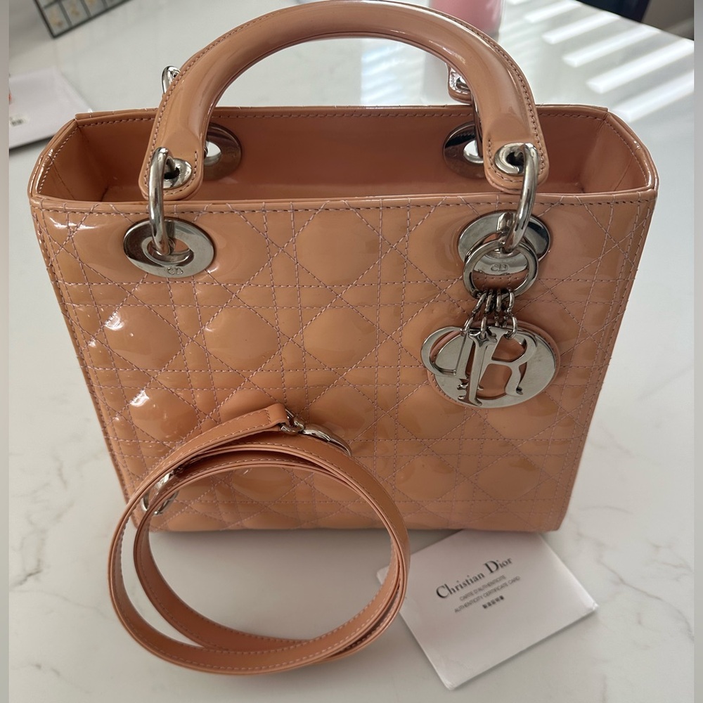 Dior Beige Cannage Patent Leather Lady Dior Bag with shoulder strap, card & COA
